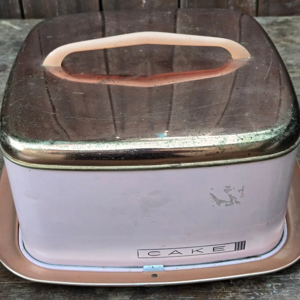 Vintage Lincoln BeautyWare Cake Taker Carrier Pink Copper Metal MCM Retro